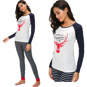 Dámské noční prádlo DÁMSKÉ VÁNOČNÍ PYŽAMO DLOUHÝ RUKÁV KALHOTY DVOUDÍLNÉ POHODLNÉ NÁMOŘNICKÁ MODRÁ XL