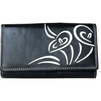 Peněženka Černá dámská středně velká prostorná kožená peněženka se stříbrnou výšivkou