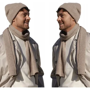 Čepice KAMEA pánská sada „PATRICK” čepice a šála tmavě béžová merino hedvábí