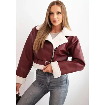 Kesi Włoski Dámská pilotka z ekokůže s kožichem a páskem bordová Kesi Włoski krémová | tmavě červená 3392226