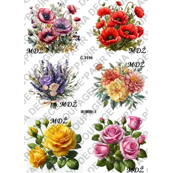 Umělecký papír Rýžový a soft papír na decoupage - Květiny MDŽ - KB3196 Materiál: Soft, Rozměr: A4