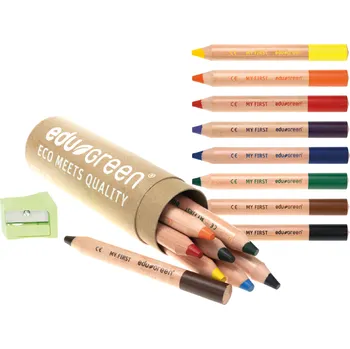 Kresba EDU3 Green My First měkké kulaté pastelky ve dřevě, tuha 8 mm, 8 barev, 1 ořezávátko v kartonovém tubusu