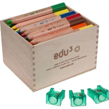 Kresba EDU3 First extra měkké kulaté pastelky ve dřevě, tuha 8 mm, H48 48ks + 3 ořezávátka ve stojanu ze dřeva