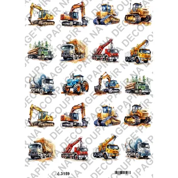 Umělecký papír Rýžový a soft papír na decoupage - Stavební stroje - KB3159 Materiál: Soft, Rozměr: A4