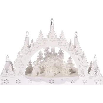 Vánoční svícen Vánoční LED svícen Zimní krajina, kostel a krmítko, 35 x 23 x 7,5 cm, bílá