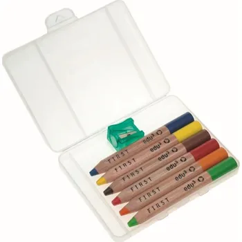Kresba EDU3 First extra měkké kulaté pastelky ve dřevě, tuha 8 mm, PO6S 6 barev (žlutá, oranžová, červená, modrá, zelená, hnědá) + 1 ořezávátko v plastovém kufříku