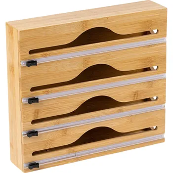 Termobox Dávkovač kuchyňské fólie s bambusovou krabičkou Světlé dřevo Řezač fólie Držák na sáčky a pytle Kuchyňský organizér 4 role