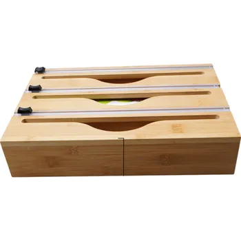 Termobox Dávkovač kuchyňské fólie s bambusovou krabičkou Světlé dřevo Řezač fólie Držák na sáčky a pytle Organizér do kuchyně 3 role