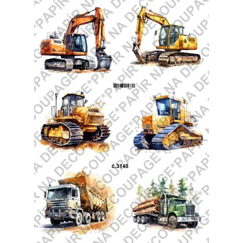 Umělecký papír Rýžový a soft papír na decoupage - Stavební stroje - KB3148 Materiál: Soft, Rozměr: A4