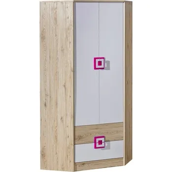 Šatní skříň Slevadoma Šatní rohová skříň do dětského pokoje FINN 2 | dub jasný / bílá / růžová