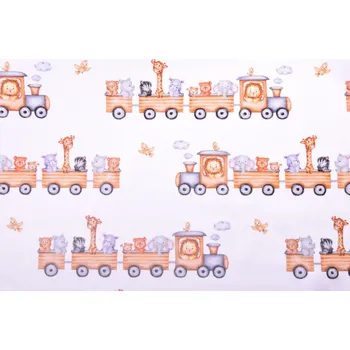 Bavlněný úplet v bílé barvě s digitálním potiskem zvířátek a vlaků 209282.0001