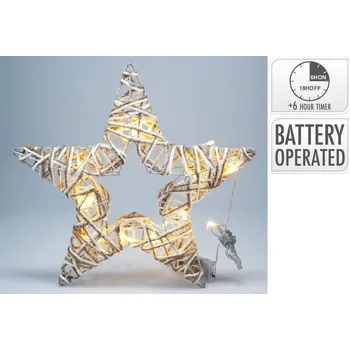 Vánoční dekorace Led hvězda kov, papír s jutovým provázkem 350x40x350mm závěsná s časovačem šedá