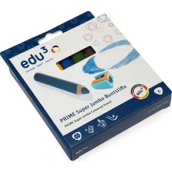 Kresba EDU3 Super Jumbo trojhranné pastelky ve dřevě K06, tuha 10 mm, 6 barev + 1 ořezávátko v papírové krabičce