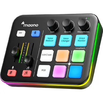 Klasická kytara Živý audio mixážní pult k PC s RGB podsvícením Změna hlasu Zvukové efekty Redukce šumu 4 tlačítka úryvků XLR mikrofonní rozhraní černá