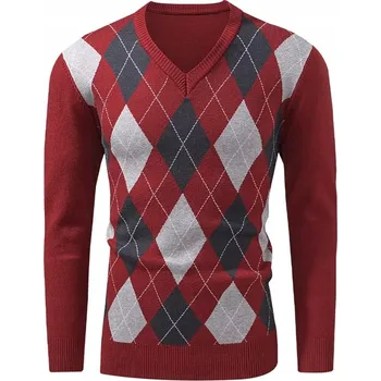Pánský svetr AlvaQ Argyle pánský pletený svetr, retro, výstřih do V, červený, XL