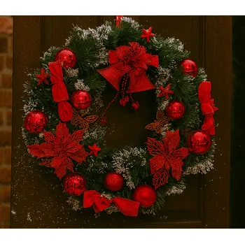 Věnec Vánoční věnec na dveře s červenou dekorací a umělým sněhem, 50 cm