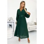 Řasené šifonové šaty s výstřihem a páskem 414-2 Barva: Tmavě Zelená, Velikost: ONE SIZE