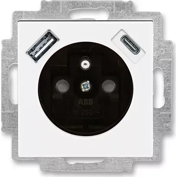 Elektrická zásuvka ABB LEVIT 5569H-A32357 62 BÍLÁ/KOUŘOVÁ ČERNÁ Zásuvka jednonásobná s ochranným kolíkem a clonkami s integrovaným USB a USB-C nabíjením