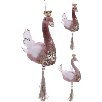 Vánoční dekorace KOOPMAN Dekorace závěsná - Labuť 13 cm růžovo-zlatá, mix / 1ks