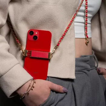 Pouzdro na mobilní telefon Řetízek / smyčka Glamour s uchycením pro telefon – červená (Stylová smyčka Glamour s kovovým řetízkem a uchycením pro telefon do 80 mm – červená)
