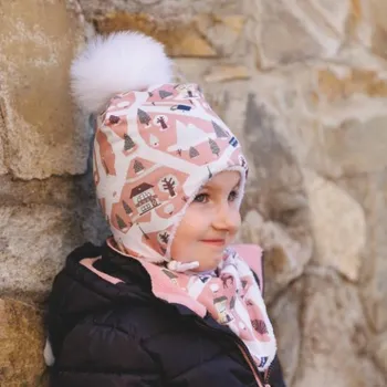 Čepice Dětský nákrčník dvojtý na suchý zip potisk domky