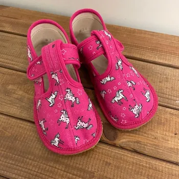 Dívčí obuv Beda barefoot Bačkůrky zúžené (SLIM) - růžový koník/pink unicorn, Boty Beda Velikost: 28
