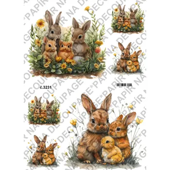 Umělecký papír Rýžový a soft papír na decoupage - Zajíčci rodinka - KB3231 Materiál: Soft, Rozměr: A4