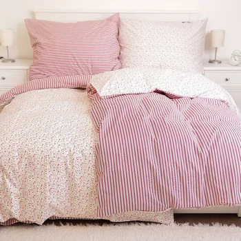 Povlečení Bavlněné povlečení Kvítky + Pruhy červené oboustranné Zapínání: zip, Velikost polštáře: 70x90, Velikost přikrývky: 140x200