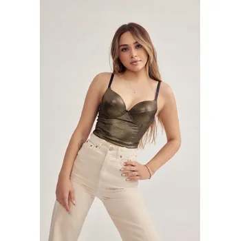 Podprsenka Khaki top korzet z imitace kůže Meriluu, vypasovaný, s lycrou a ramínky