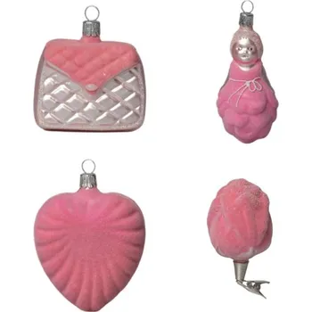 Vánoční ozdoba Koulier Skleněné vánoční ozdoby basic Pinky - Pinky set s flokováním, 4 ks