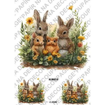 Umělecký papír Rýžový a soft papír na decoupage - Zajíčci rodinka - KB3228 Materiál: Soft, Rozměr: A4