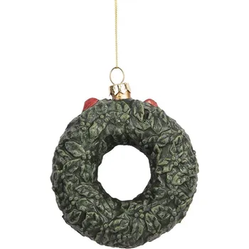 Vánoční dekorace Závěsná dekorace zelený věneček s červenou mašlí - 9*4*11cm