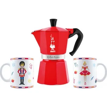 Příprava kávy Bialetti Louskáček Moka Express 6tz kávovar + dva 300ml hrnky