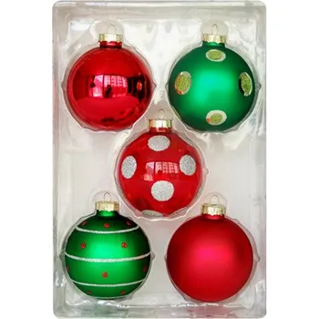 Vánoční dekorace MEADOWLAND LTD Vánoční koule - skleněné 67mm / červeno zelené, sada 5ks