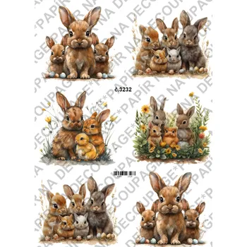 Umělecký papír Rýžový a soft papír na decoupage - Zajíčci rodinka - KB3232 Materiál: Soft, Rozměr: A4