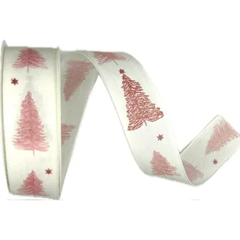 Stuha Stuha vánoční WINTER TREE BLUSH PINK bílá 25mm x 2m (12,-Kč/m) (Stuha vánoční, taftová, bílá s růžovým glitrovým potiskem, s vlascem v lemu)