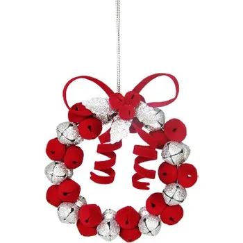 Vánoční dekorace MEADOWLAND LTD Dekorace závěsná - červeno / stříbrný kruh z rolniček 9 cm, 1ks