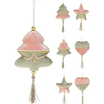 Vánoční dekorace Vánoční ozdoba látková s třásní - růžově zelená (3 varianty)