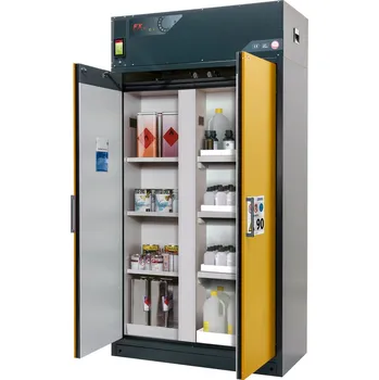 Skříňka na nářadí Protipožární skříň Custos s oběhovým filtrem, dveře žluté, 3 vložné police, K-123-K, dělicí příčka