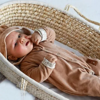 Kojenecký overall Semiškový, velurový overal s kapucí Baby Nellys New Bunny, hnědý, vel. 80