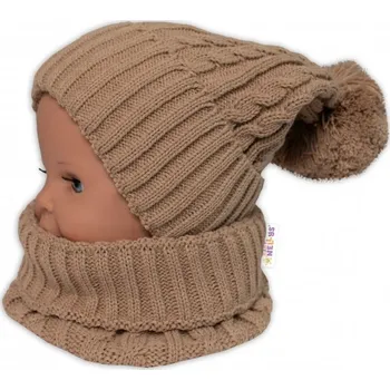 Pokrývka hlavy Zimní čepice s bambulí + komínek - béžová, vel. 48-52cm