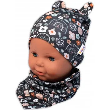 Pokrývka hlavy Baby Nellys Dvouvrstvá čepice s oušky + šátek Palouček, grafit