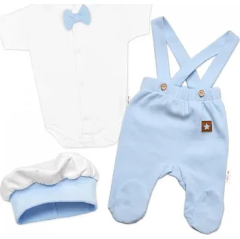 Kojenecká souprava Souprava Gentleman 3D, body kr. rukáv, polodupačky s láclem, čepička, modrá/bílá, 68