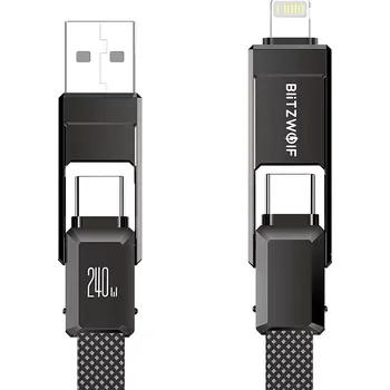 Datový kabel BlitzWolf 4v1 nabíjecí a datový kabel USB‑A/USB‑C/Lightning 240 W 1,2 m černý