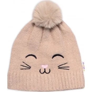Čepice Zimní čepice s bambulí + šál, Kitty, Baby Nellys - cappuccino, vel. 54/58