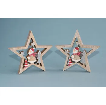 Vánoční dekorace Vánoční ozdoba dřevěná 15 cm - hvězda s Mikulášem