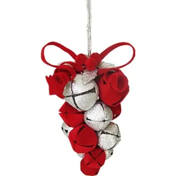 Vánoční ozdoba MEADOWLAND LTD Dekorace závěsná - červeno / stříbrné hrozny z rolniček 10 cm, 1ks