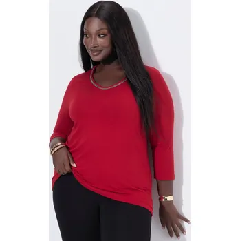 Dámské tričko Ulla Popken, Plus size Tričko, ozdobná stuha, Classic, výstřih do V, 3/4 rukávy pro plnoštíhlé nadměrná velikost, 843239545-1128, červený, 42/44, Nadměrné velikosti, Plus size oblečení, Oblečení pro boubelky, Oblečení pro baculky, Oblečení pro plnoštíhlé,