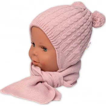 Čepice Zimní čepice na zavazování s bambulky + šál, Baby Nellys - pudrově růžová, vel. 62/68