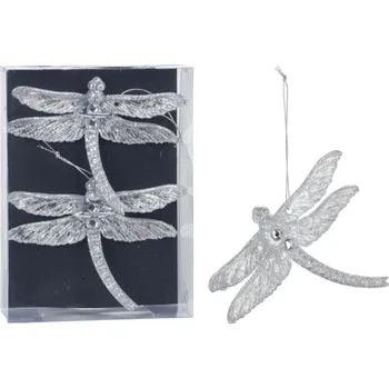 Vánoční dekorace Třpytivá vážka stříbrná - závěsná dekorace (balení 2 ks)